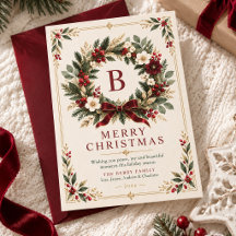 Burgundy Wreath Monogram Holiday Card