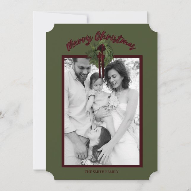 Burgundy Wreath Personalized Christmas Card (Front)