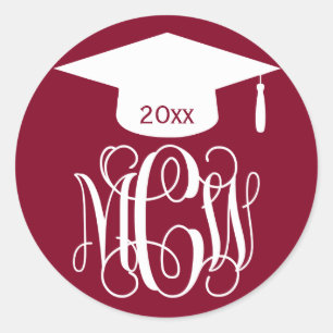 Burgundy Wt Vine Script Monogram Graduation DIY BG Classic Round Sticker