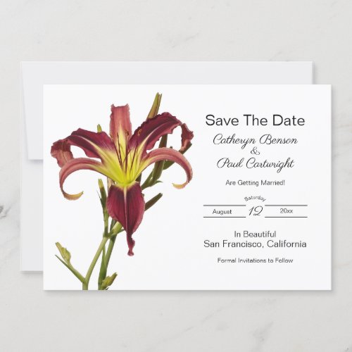 Burgundy  Yellow Daylily Wedding Save The Date Invitation