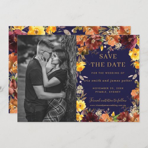 Burgundy Yellow Floral Photo Save the Date Card