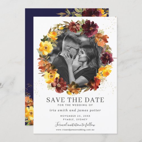 Burgundy Yellow Floral Photo Save the Date Card