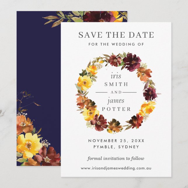 Burgundy Yellow Floral Wedding Save the Date Card (Front/Back)