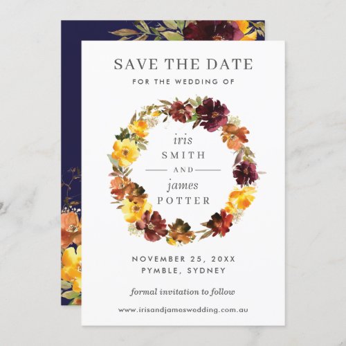 Burgundy Yellow Floral Wedding Save the Date Card