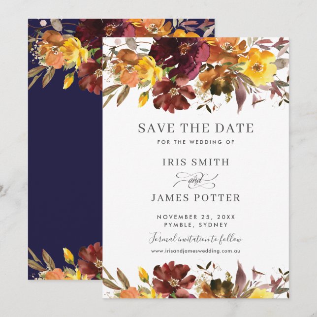 Burgundy Yellow Floral Wedding Save the Date Card (Front/Back)