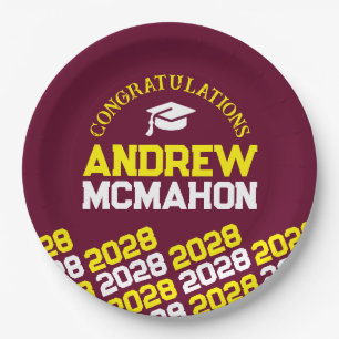 Burgundy & Yellow Half Repeat Grad Personalized Paper Plates