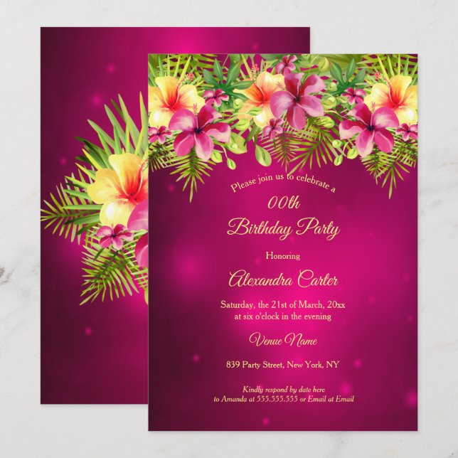 Burgundy yellow Hibiscus Summer Floral Party Invitation (Front/Back)