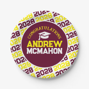 Burgundy & Yellow on White Graduation Personalized Paper Plates