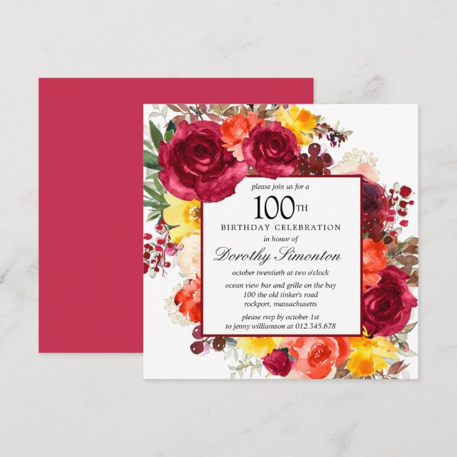 Burgundy Yellow Orange Floral 100th Birthday Invitation (Front/Back)