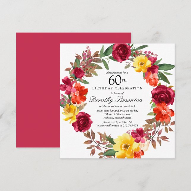 Burgundy Yellow Orange Floral 60th Birthday Invitation (Front/Back)
