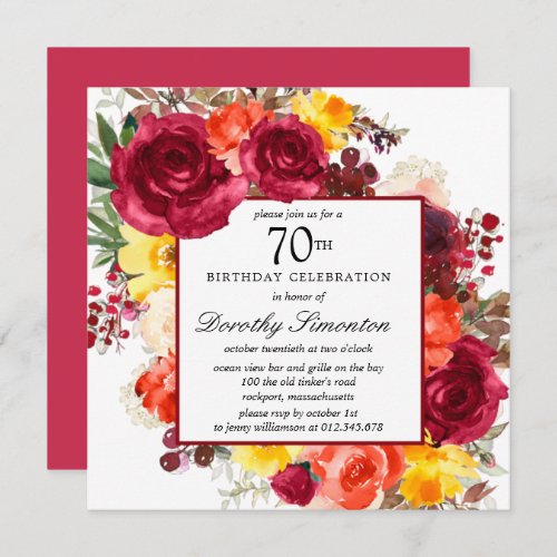 Burgundy Yellow Orange Floral 70th Birthday Invita Invitation