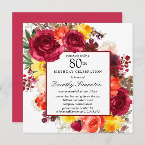 Burgundy Yellow Orange Floral 80th Birthday Invitation