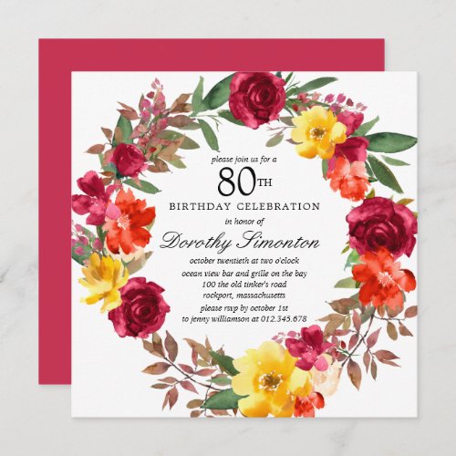 Burgundy Yellow Orange Floral 80th Birthday Invitation