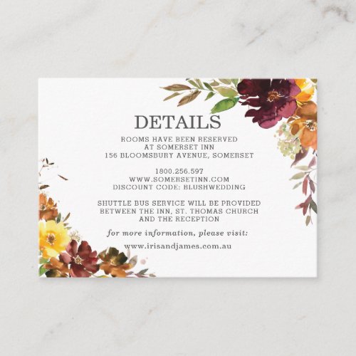 Burgundy Yellow Orange Floral Wedding Details  Enclosure Card