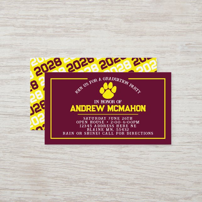 Burgundy & Yellow Pawprint Mini Graduation Invites (Burgundy & Yellow Pawprint Mini Graduation Invites for Friends, Team Mates or as Inserts!)