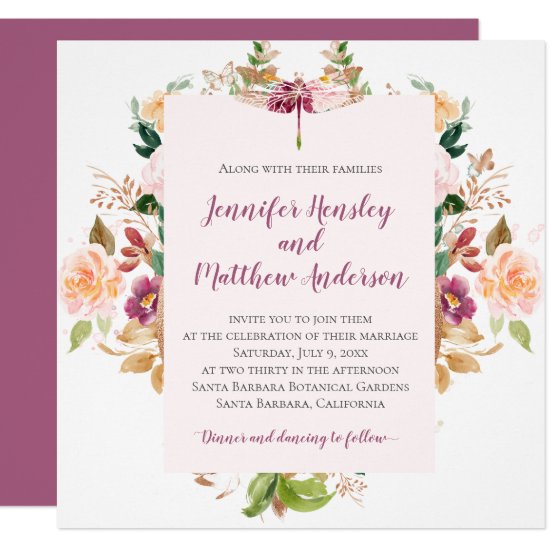 Burgundy Yellow Pink Mauve Watercolor Dragonfly Invitation