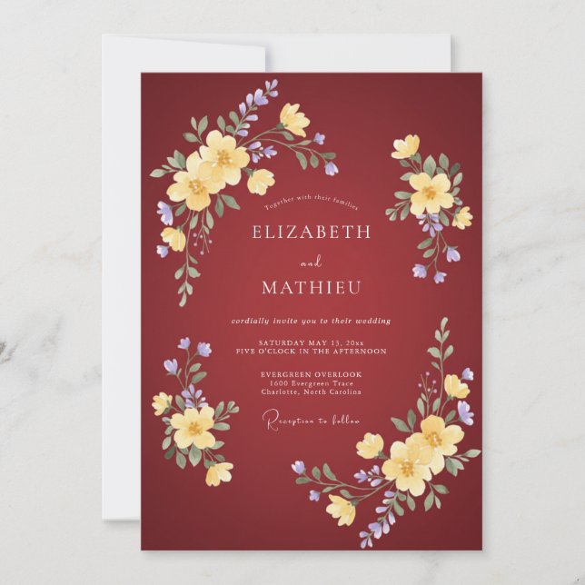Burgundy Yellow Romantic Floral Wedding Invitation (Front)