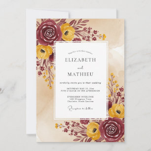 Burgundy Yellow Rustic Autumn Wedding Invitation
