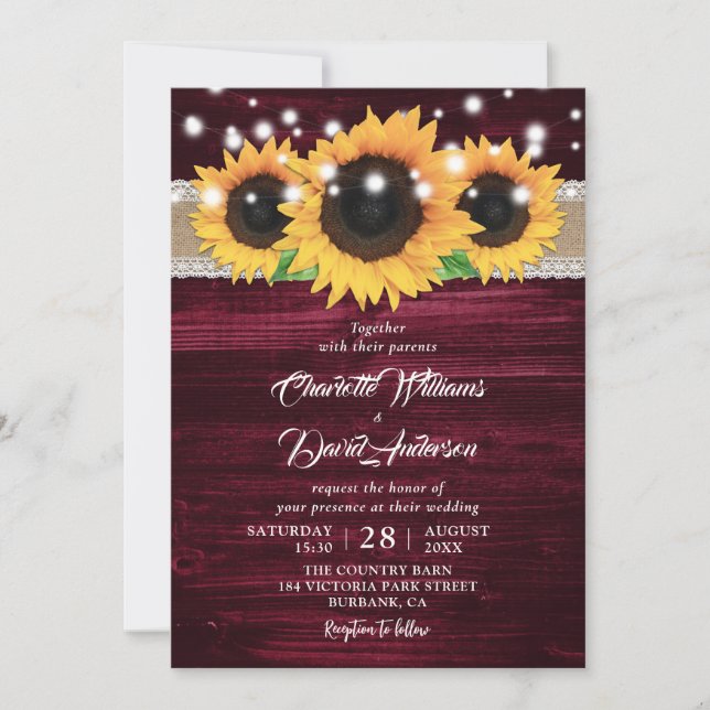 Burgundy Yellow Sunflower Rustic Wedding Invitation (Front)