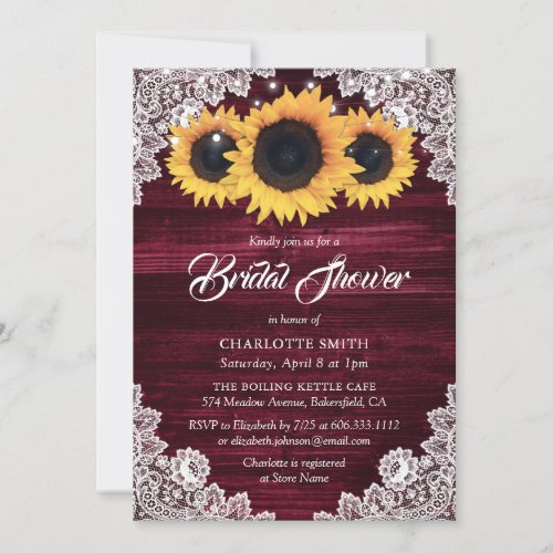 Burgundy Yellow Sunflower Wood Lace Bridal Shower Invitation