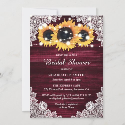 Burgundy Yellow Sunflower Wood Lace Bridal Shower Invitation