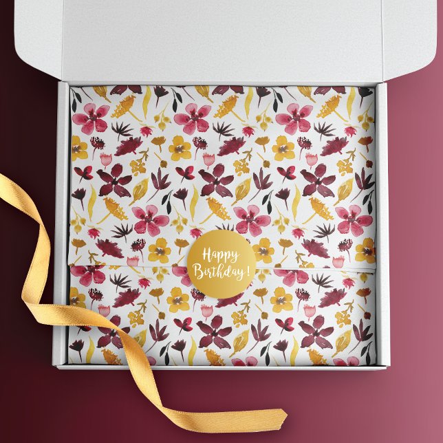 Burgundy Yellow Watercolor Wildflowers Pattern Tissue Paper (Creator Uploaded)