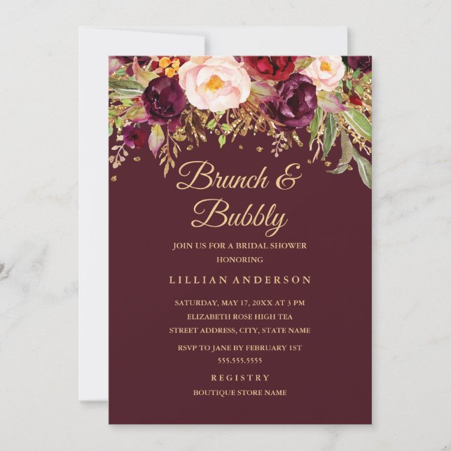Burgunndy Gold Glitter Floral Brunch And Bubbly Invitation (Front)