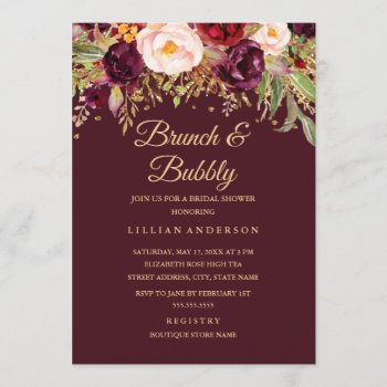 Burgunndy Gold Glitter Floral Brunch And Bubbly Invitation by LittleBayleigh at Zazzle