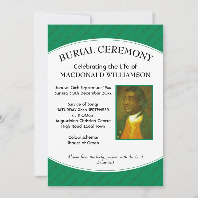 BURIAL CEREMONY | Photo | Green | Funeral Invitation (Front)