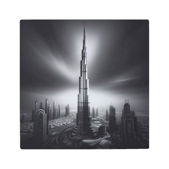 Burj Khalifa Drama – Monochrome Urban Elegance Metal Print (Front)