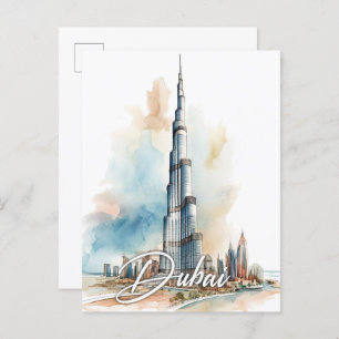 Burj Khalifa Dubai Watercolor Painting Travel Postcard