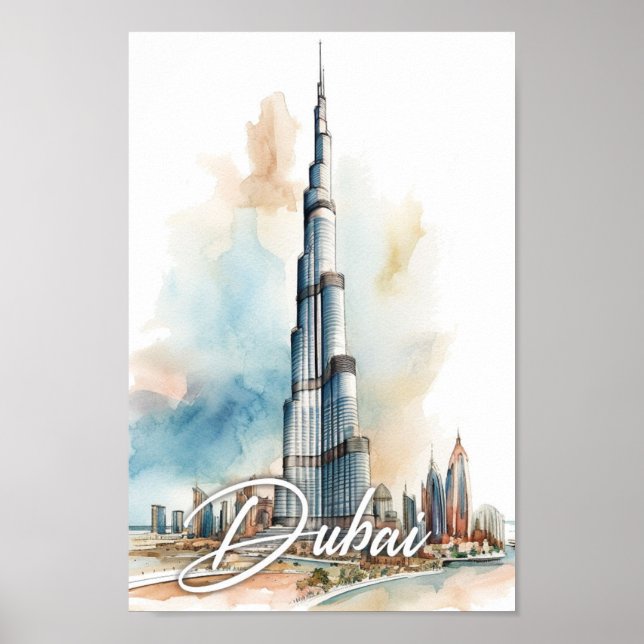 Burj Khalifa Dubai Watercolor Painting Travel Poster (Front)