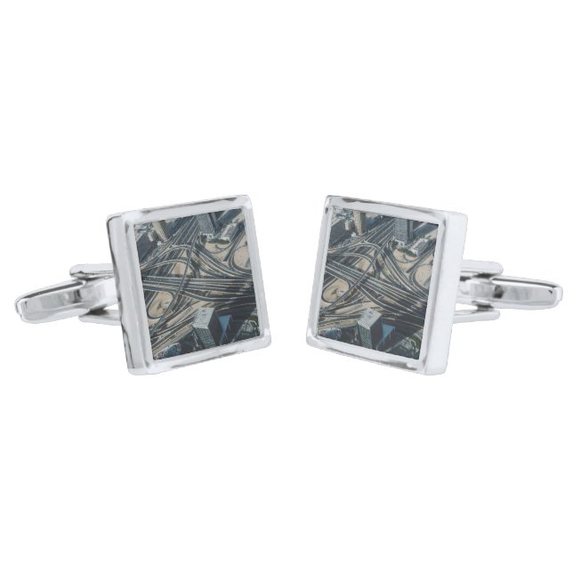 Burj Khalifa road view, Dubai Silver Cufflinks (Angled)