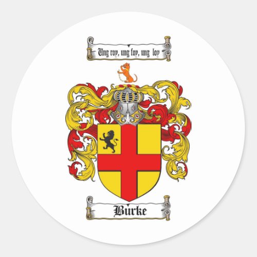 BURKE FAMILY CREST _  BURKE COAT OF ARMS CLASSIC ROUND STICKER