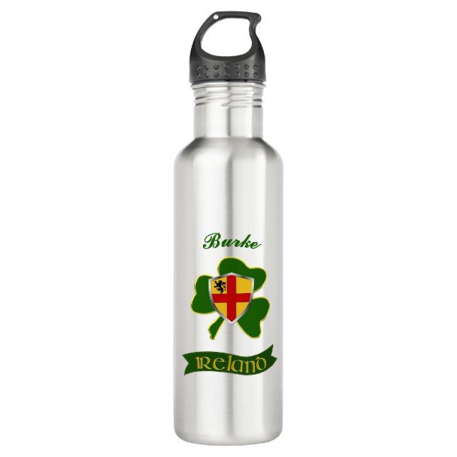 Burke Irish Shield & Shamrock Personalized  Stainless Steel Water Bottle (Front)
