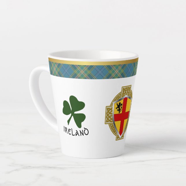 Burke Irish Shield & Tartan Personalized Latte Mug (Left Angle)