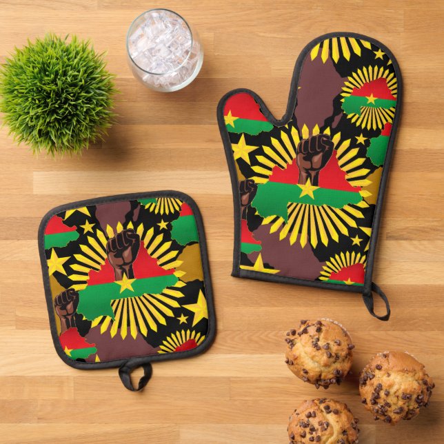Burkina Faso Map, Flag and Revolution Fist Oven Mitt & Pot Holder Set (Top Down)
