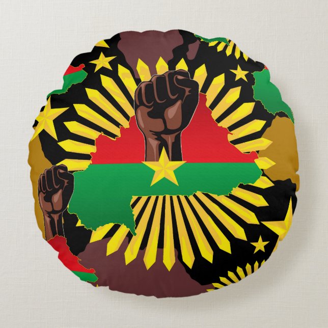 Burkina Faso Map, Flag and Revolution Fist Round Pillow (Front)