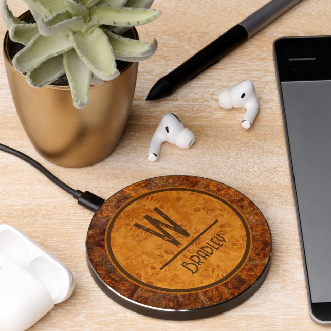 Burl Wood Monogram Wireless Charger (Desk 2)