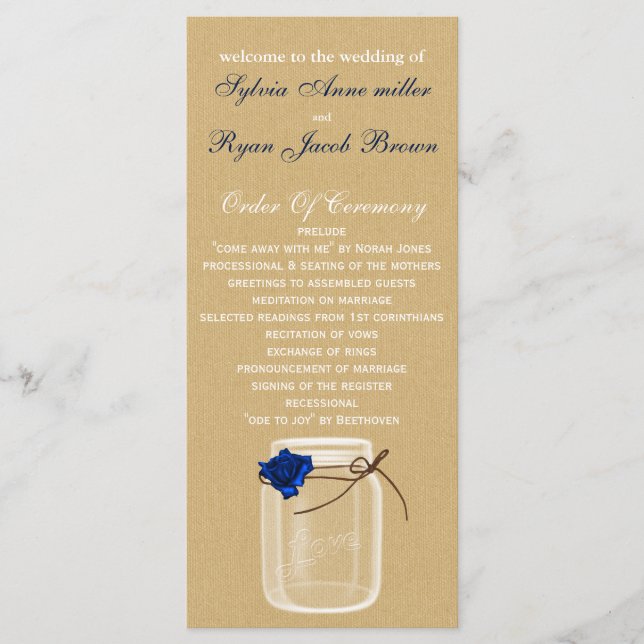 burla, navy blue rose mason jar wedding program (Front)