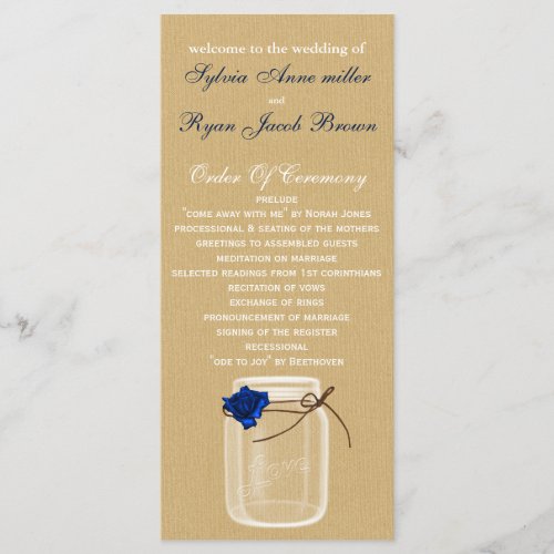 burla navy blue rose mason jar wedding program