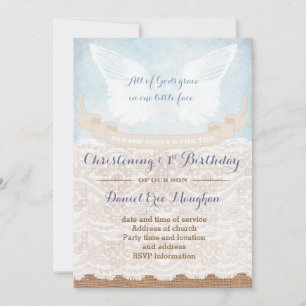 Burlap 1st Birthday and Christening Party for boy Invitation