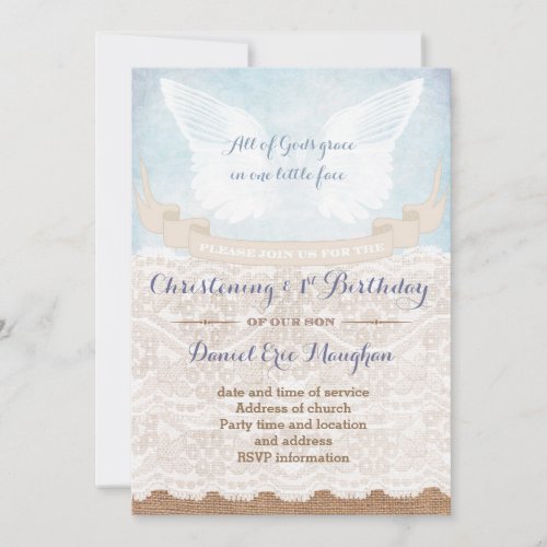 Burlap 1st Birthday and Christening Party for boy Invitation