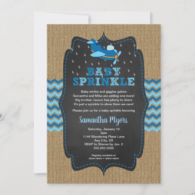 Burlap Airplanes Boy baby sprinkle invite (Front)