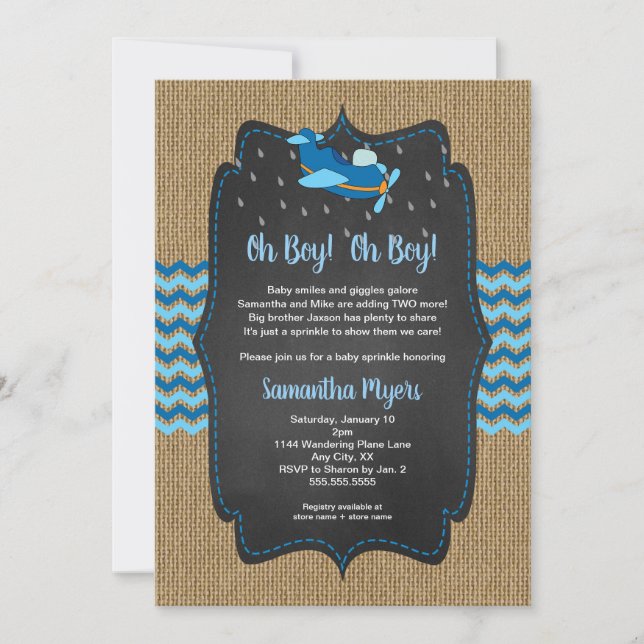 Burlap Airplanes Twin Boys baby sprinkle invite (Front)