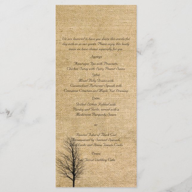 Burlap and Birch Posh Wedding Menu (Front)