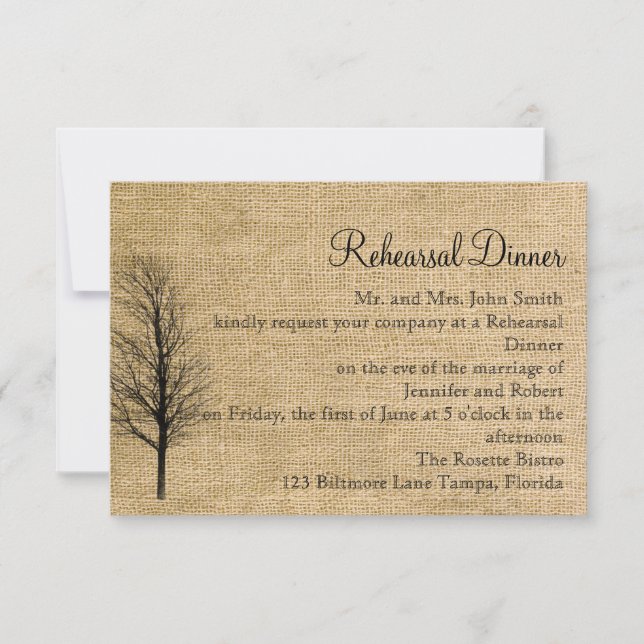 Burlap and Birch Posh Wedding Rehearsal Invitation (Front)