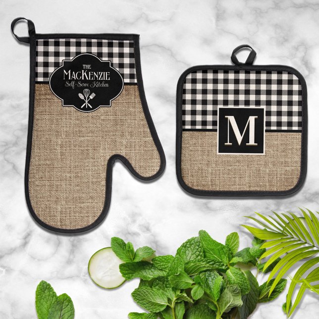 Burlap and Black Buffalo Check Personalized Oven Mitt & Pot Holder Set (Creator Uploaded)