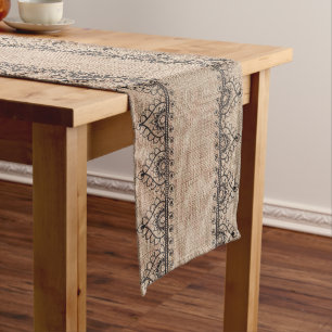 Burlap and black lace Print  Long Table Runner