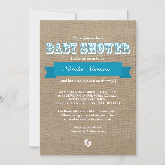 Burlap and blue ribbon rustic baby boy shower invitation (Front)